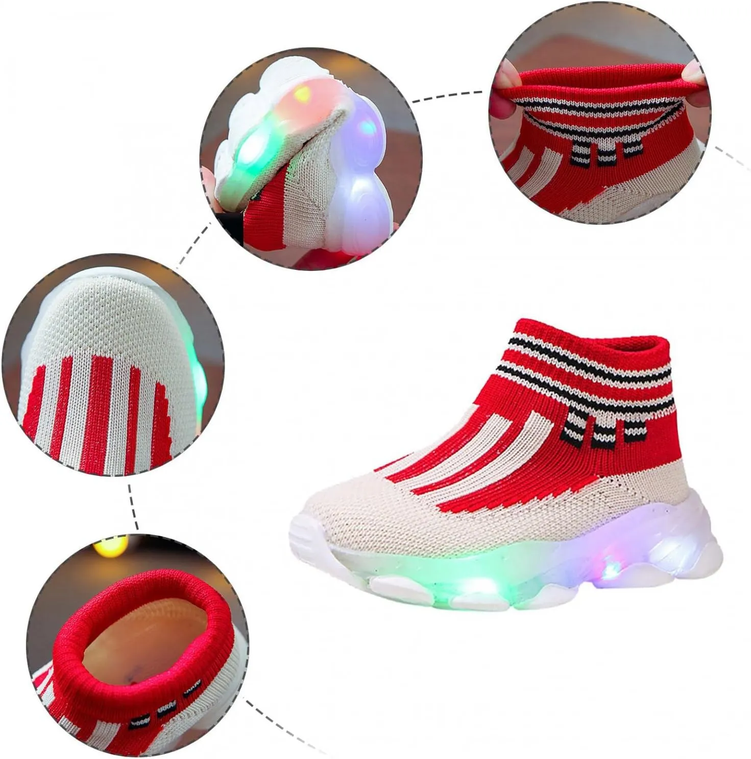 KONFA Fashion Trainers LED Breathable Stretch Fabric Sneaker for 1-6 Years Little Kids Toddler Baby Girls Boys Light Up Crib Shoes