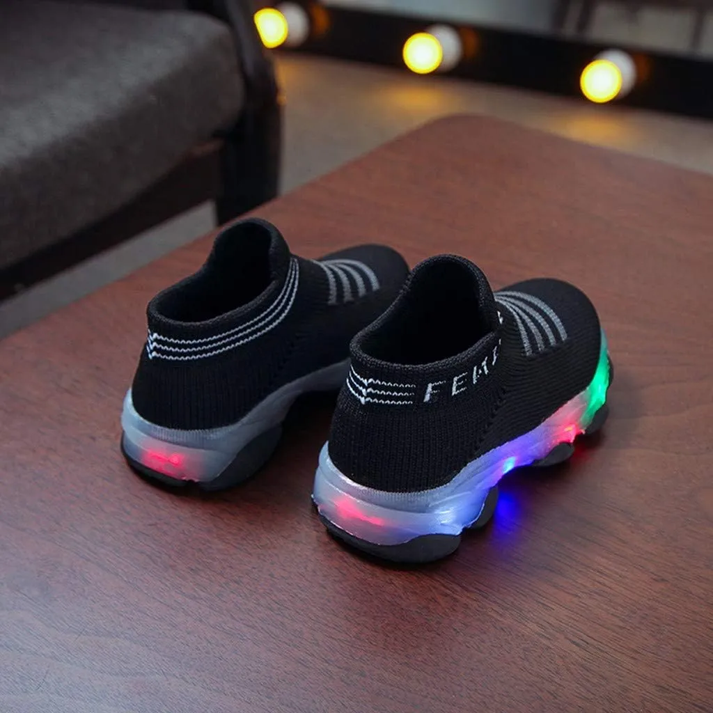 KONFA Fashion Trainers LED Breathable Stretch Fabric Sneaker for 1-6 Years Little Kids Toddler Baby Girls Boys Light Up Crib Shoes