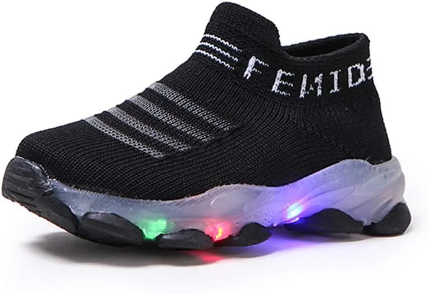 KONFA Fashion Trainers LED Breathable Stretch Fabric Sneaker for 1-6 Years Little Kids Toddler Baby Girls Boys Light Up Crib Shoes