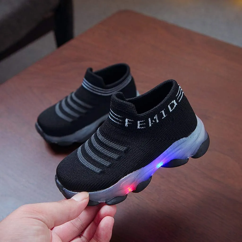 KONFA Fashion Trainers LED Breathable Stretch Fabric Sneaker for 1-6 Years Little Kids Toddler Baby Girls Boys Light Up Crib Shoes