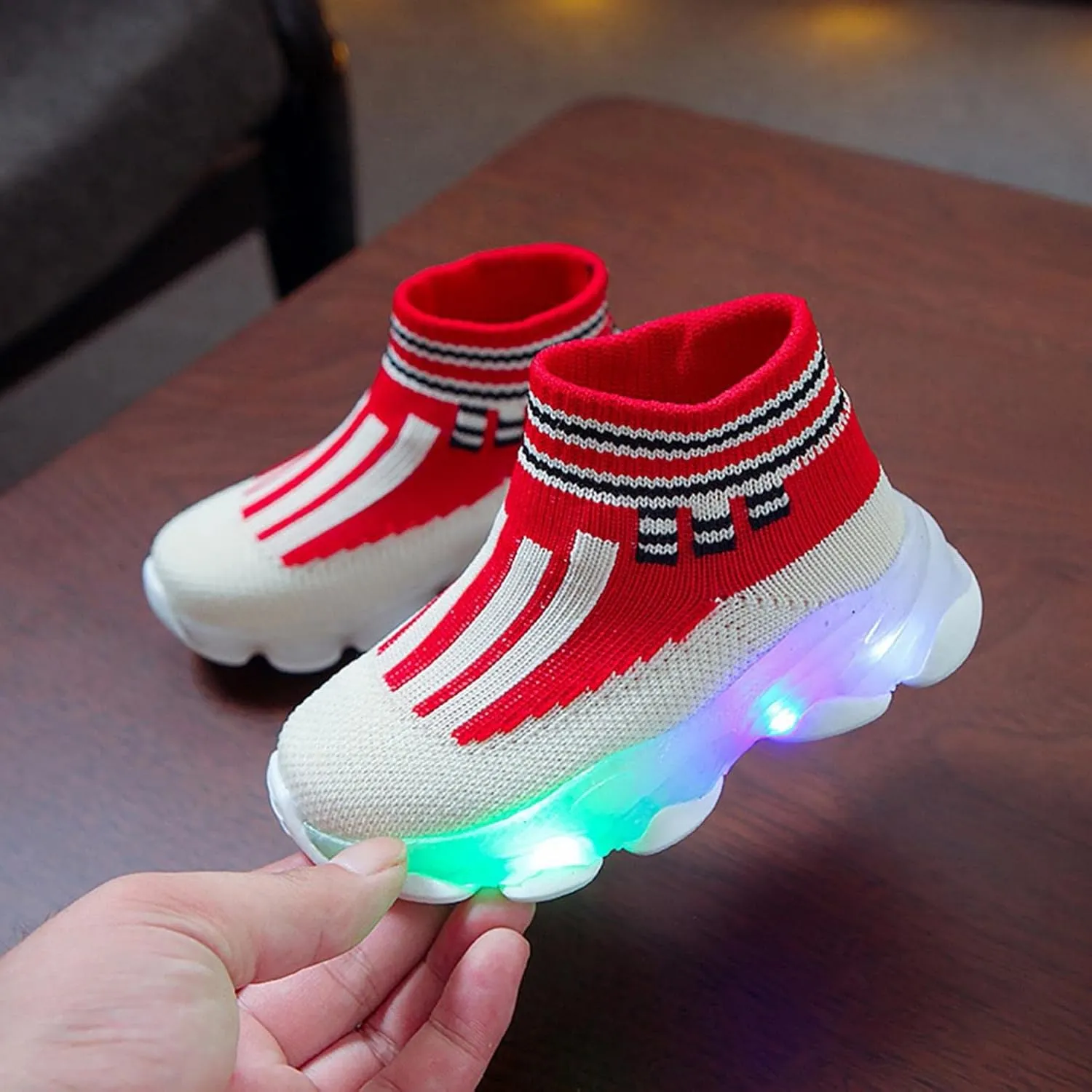 KONFA Fashion Trainers LED Breathable Stretch Fabric Sneaker for 1-6 Years Little Kids Toddler Baby Girls Boys Light Up Crib Shoes