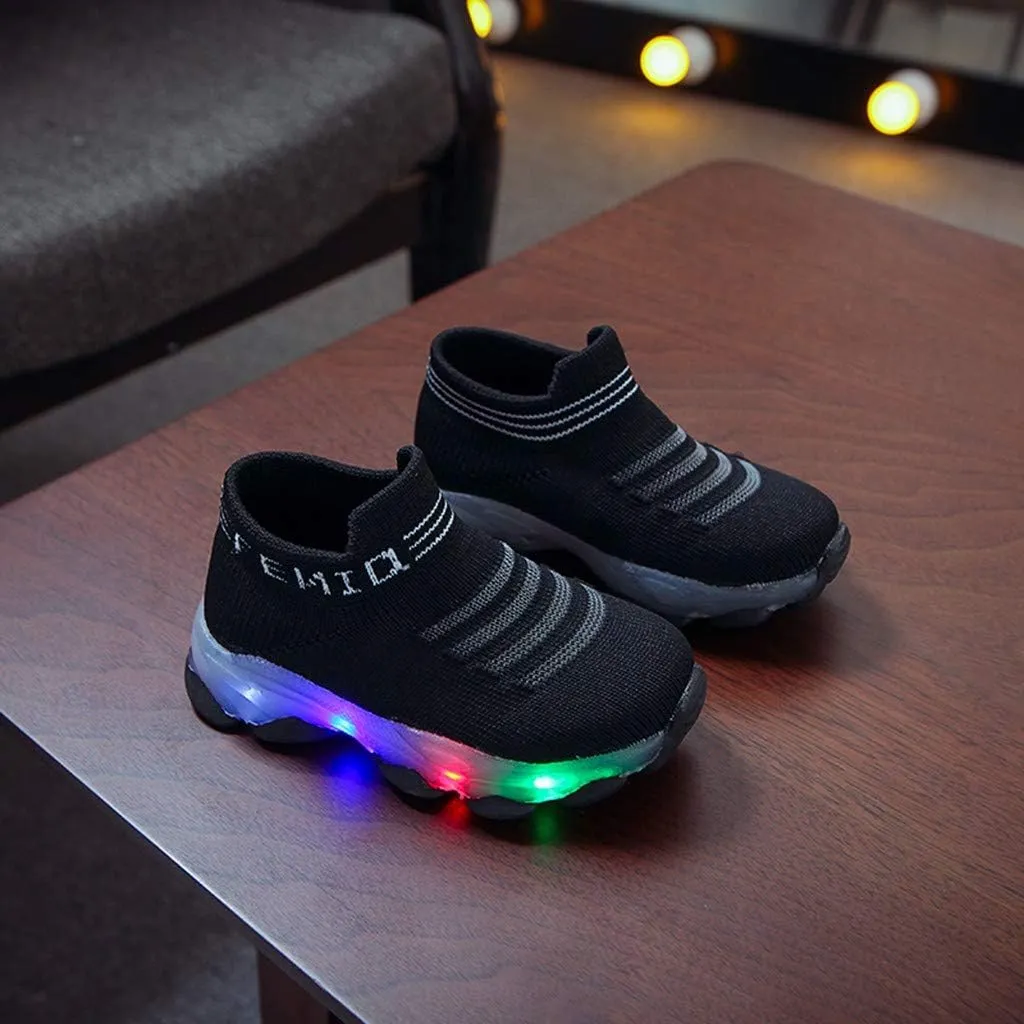 KONFA Fashion Trainers LED Breathable Stretch Fabric Sneaker for 1-6 Years Little Kids Toddler Baby Girls Boys Light Up Crib Shoes