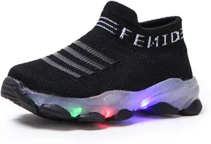 KONFA Fashion Trainers LED Breathable Stretch Fabric Sneaker for 1-6 Years Little Kids Toddler Baby Girls Boys Light Up Crib Shoes