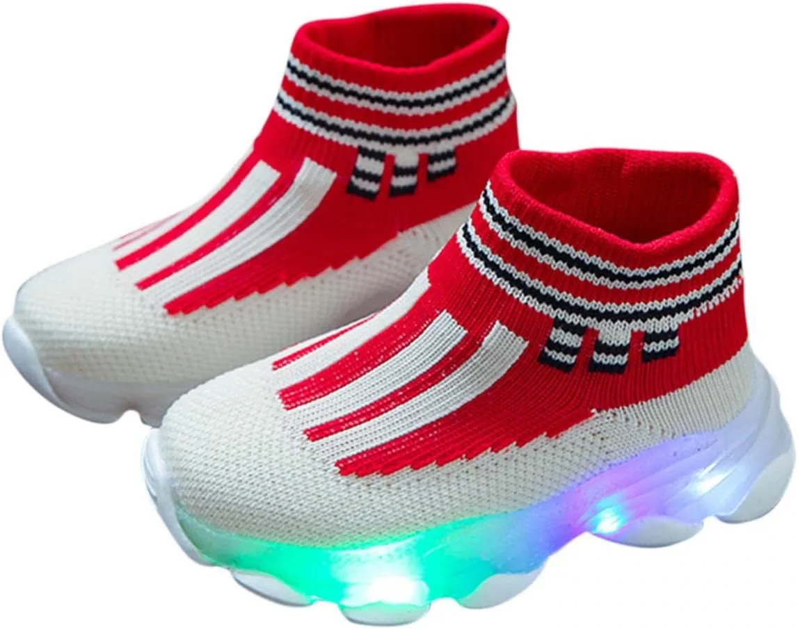 KONFA Fashion Trainers LED Breathable Stretch Fabric Sneaker for 1-6 Years Little Kids Toddler Baby Girls Boys Light Up Crib Shoes