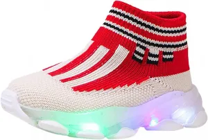 KONFA Fashion Trainers LED Breathable Stretch Fabric Sneaker for 1-6 Years Little Kids Toddler Baby Girls Boys Light Up Crib Shoes