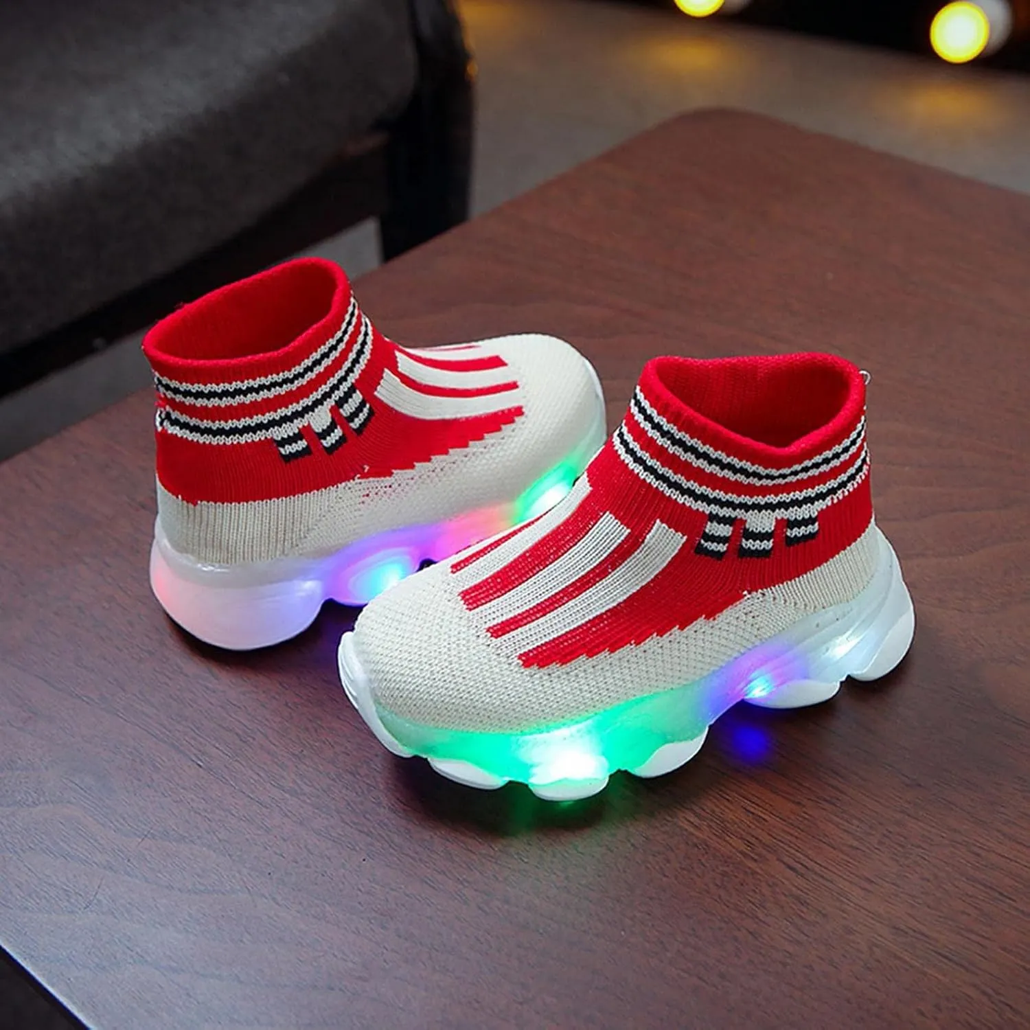 KONFA Fashion Trainers LED Breathable Stretch Fabric Sneaker for 1-6 Years Little Kids Toddler Baby Girls Boys Light Up Crib Shoes