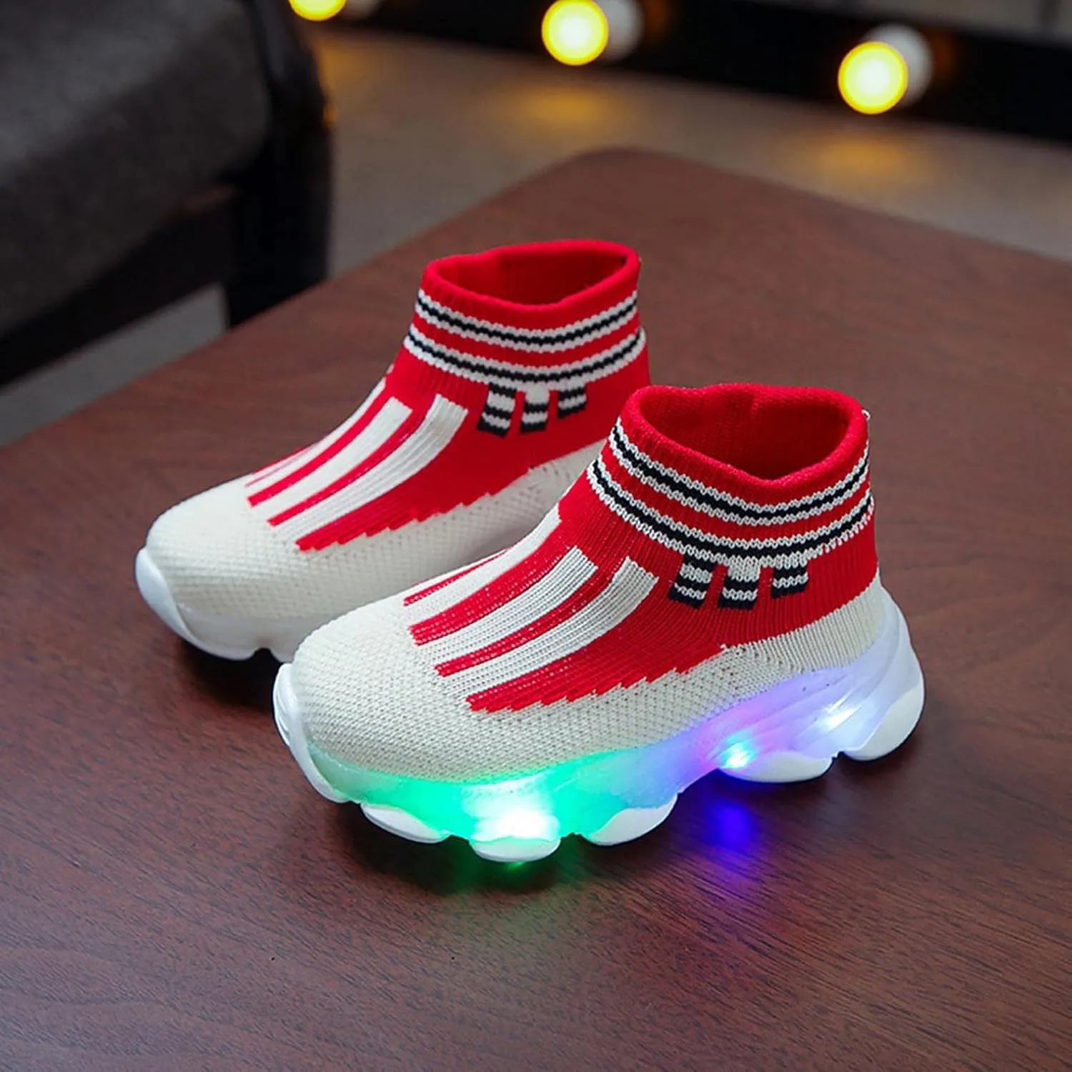KONFA Fashion Trainers LED Breathable Stretch Fabric Sneaker for 1-6 Years Little Kids Toddler Baby Girls Boys Light Up Crib Shoes