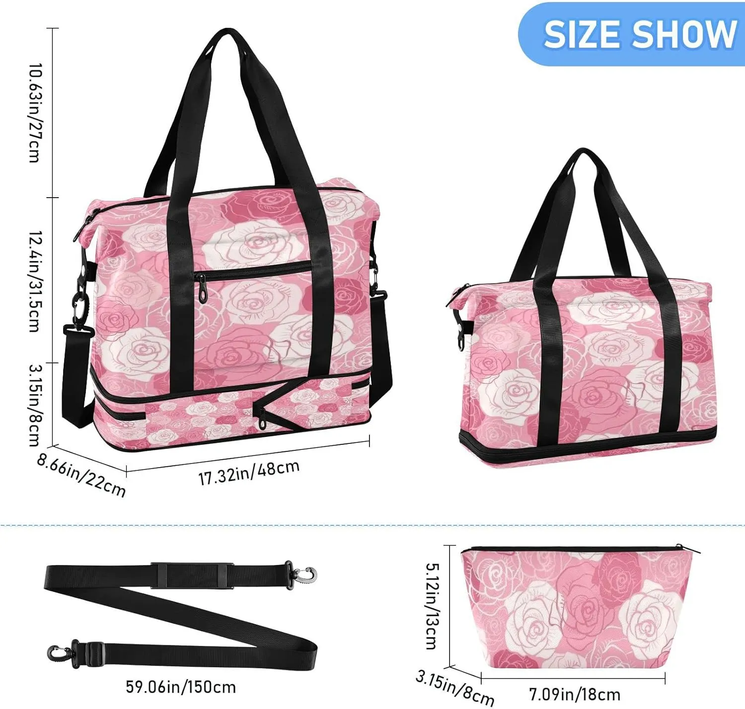 Large Gym Bag Flower Print Sports Travel Duffel Bag,Weekender Overnight Bag with Wet Pocket and Shoes Compartment for Women Girls Travel, Gym, Yoga, School