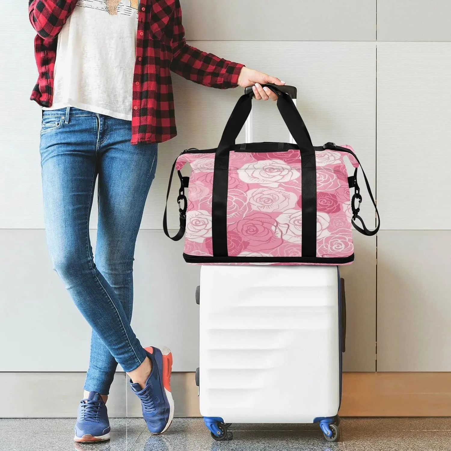 Large Gym Bag Flower Print Sports Travel Duffel Bag,Weekender Overnight Bag with Wet Pocket and Shoes Compartment for Women Girls Travel, Gym, Yoga, School