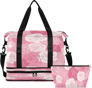 Large Gym Bag Flower Print Sports Travel Duffel Bag,Weekender Overnight Bag with Wet Pocket and Shoes Compartment for Women Girls Travel, Gym, Yoga, School