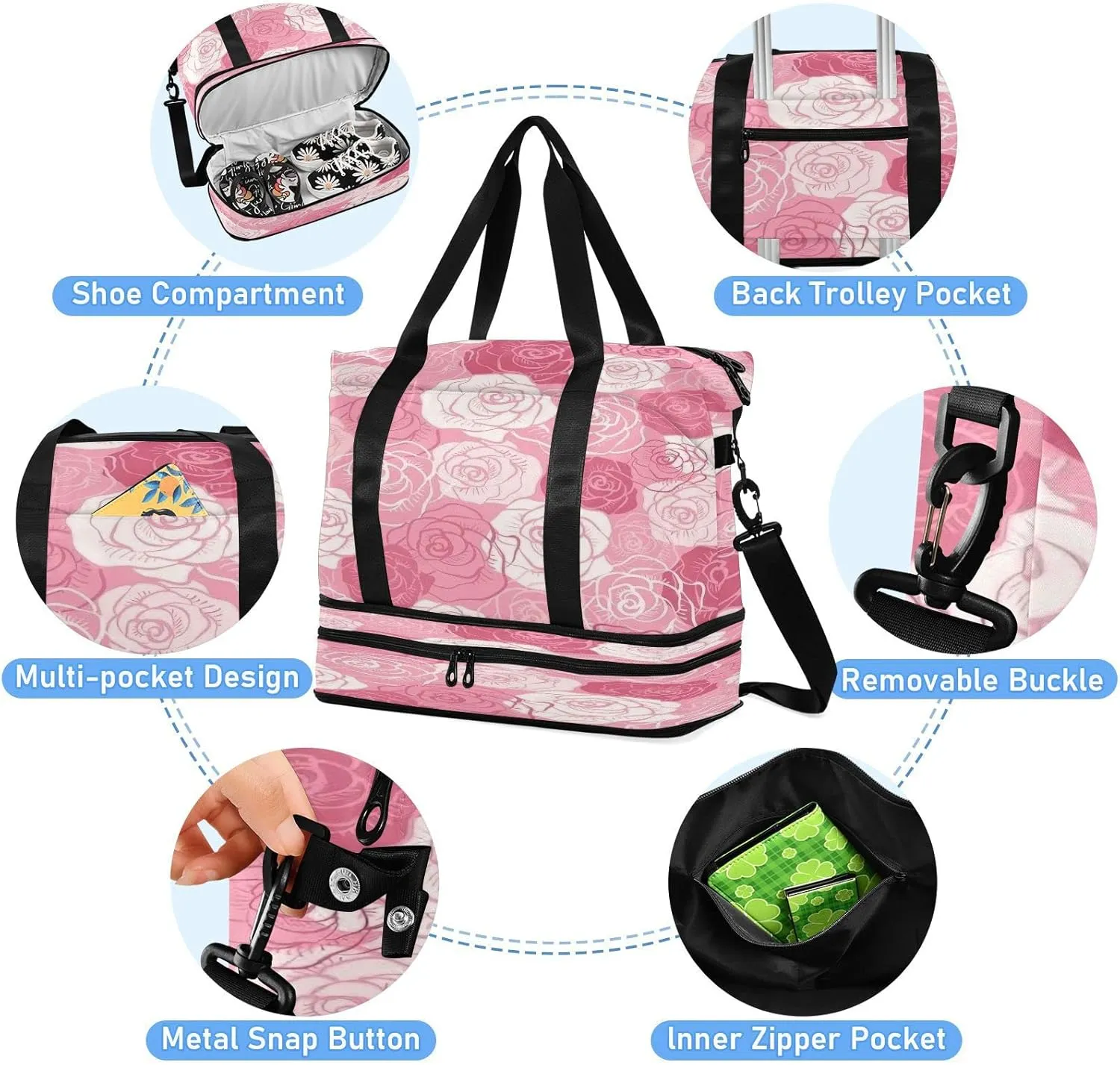 Large Gym Bag Flower Print Sports Travel Duffel Bag,Weekender Overnight Bag with Wet Pocket and Shoes Compartment for Women Girls Travel, Gym, Yoga, School