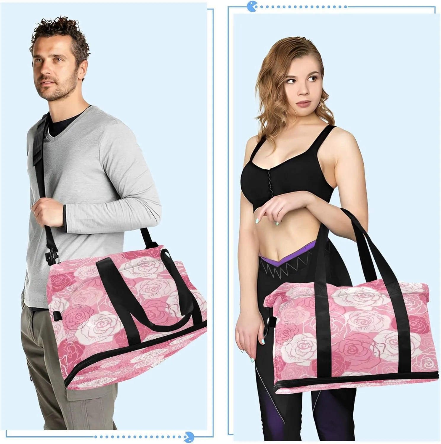 Large Gym Bag Flower Print Sports Travel Duffel Bag,Weekender Overnight Bag with Wet Pocket and Shoes Compartment for Women Girls Travel, Gym, Yoga, School