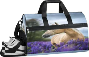 Lavender Animal Horse Sports Gym Bag with Wet Pocket & Shoes Compartment Waterproof Workout Duffel Bag for Women and Men Weekender Overnight Duffle Bag Travel Carry-on Tote