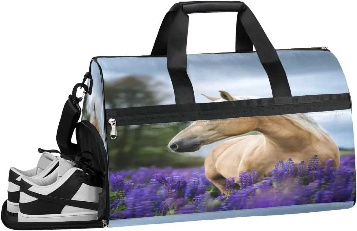 Lavender Animal Horse Sports Gym Bag with Wet Pocket & Shoes Compartment Waterproof Workout Duffel Bag for Women and Men Weekender Overnight Duffle Bag Travel Carry-on Tote