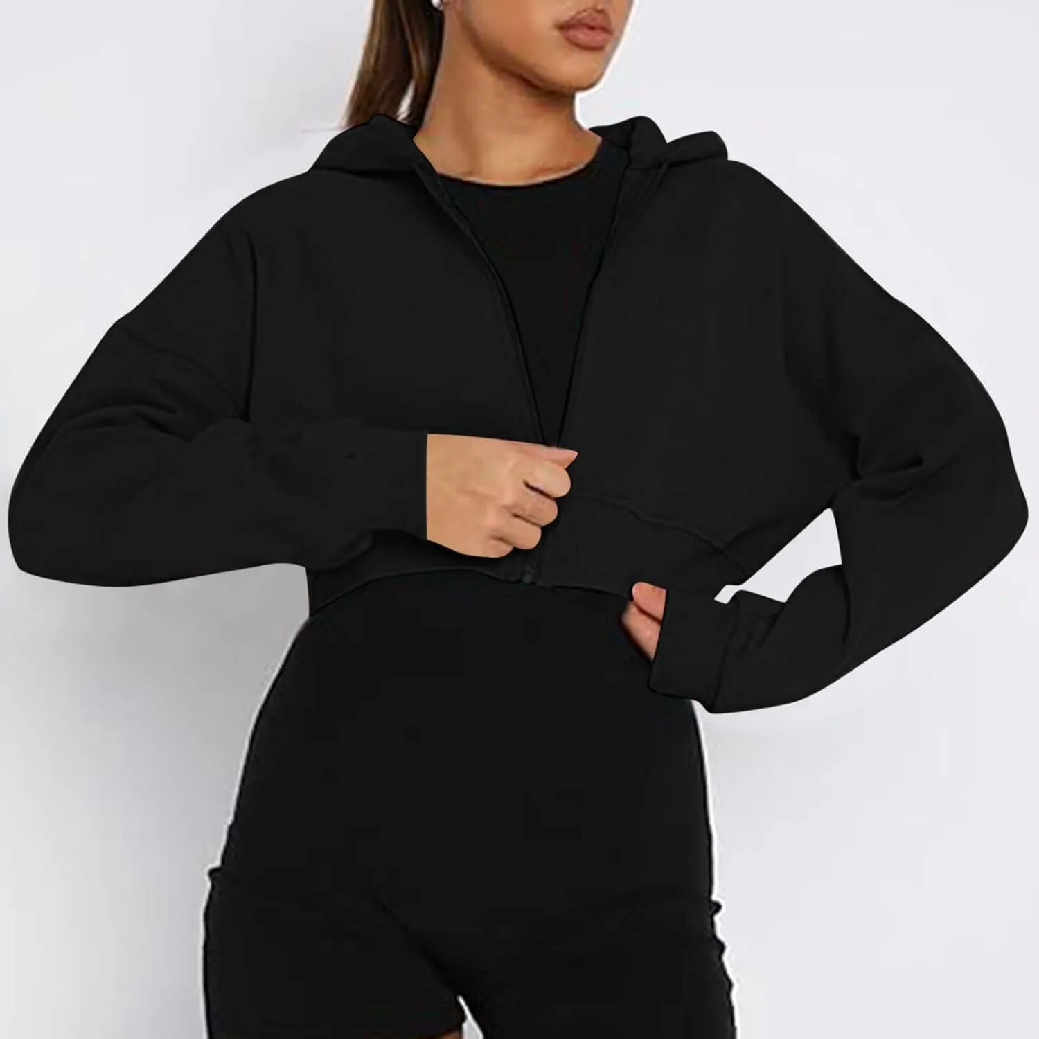 Long Sleeve Oversized Half Zipper Cropped Sweatshirts for Women Winter V Neck Pullover Tunic Teen Tops Clothes