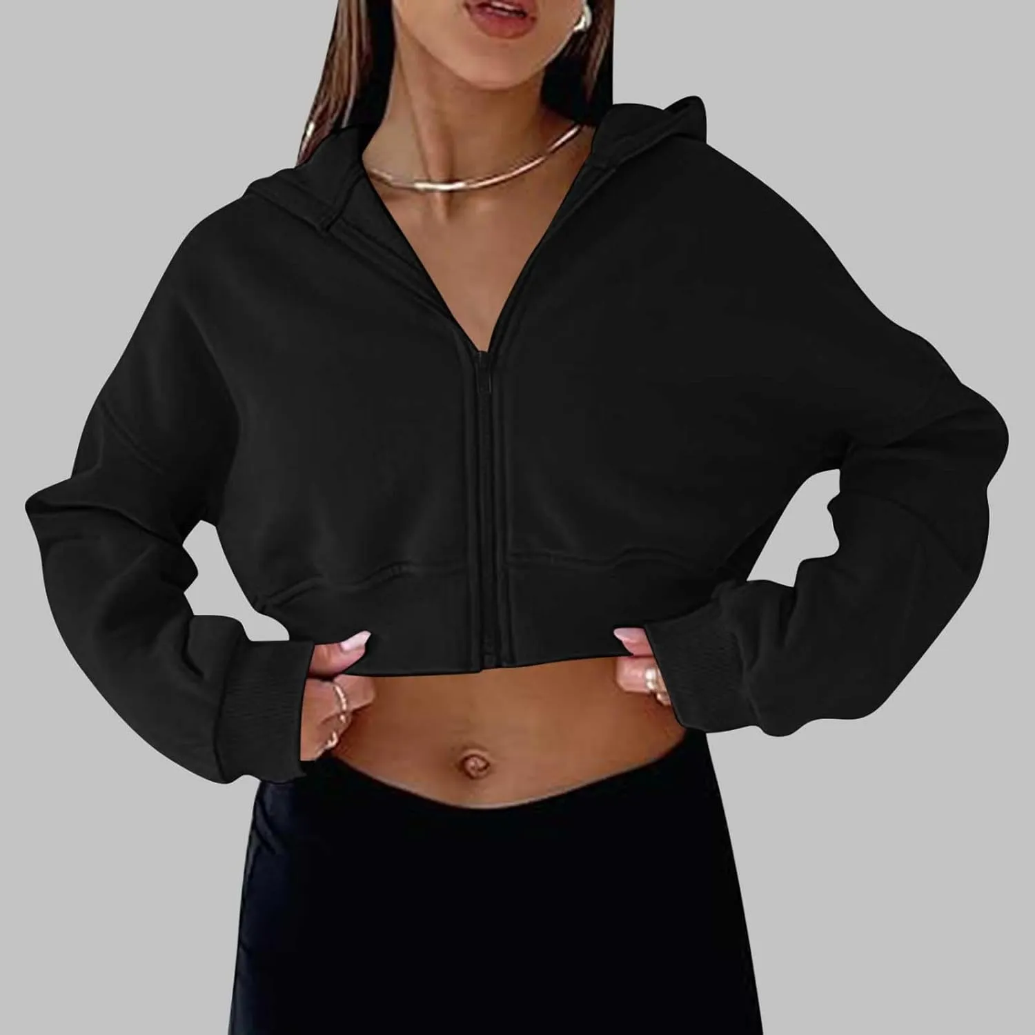 Long Sleeve Oversized Half Zipper Cropped Sweatshirts for Women Winter V Neck Pullover Tunic Teen Tops Clothes
