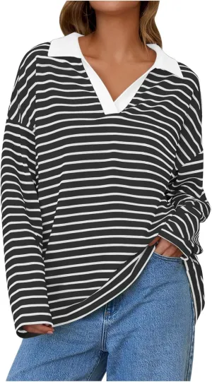 Long Sleeve Striped Oversized Hoodies Sweatshirts For Women Winter Cowl Neck Long Sleeve Pullover Teen Tops Clothes
