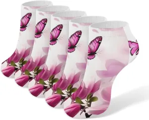 Magnolia Plant Flora Butterfly 5 Pairs Low Cut Ankle Socks for Men Women Athletic Running Socks No Show Breathable