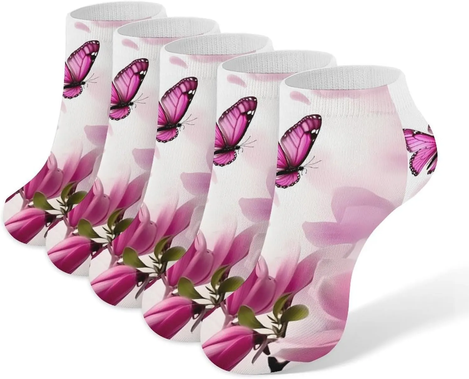 Magnolia Plant Flora Butterfly 5 Pairs Low Cut Ankle Socks for Men Women Athletic Running Socks No Show Breathable