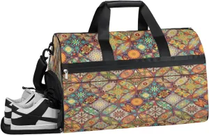 Mandala Boho Art Sports Gym Bag for Women and Men Travel Duffel Bag Overnight Shoulder Bag Waterproof Workout Bag Portable Sports Tote with Shoes Compartment