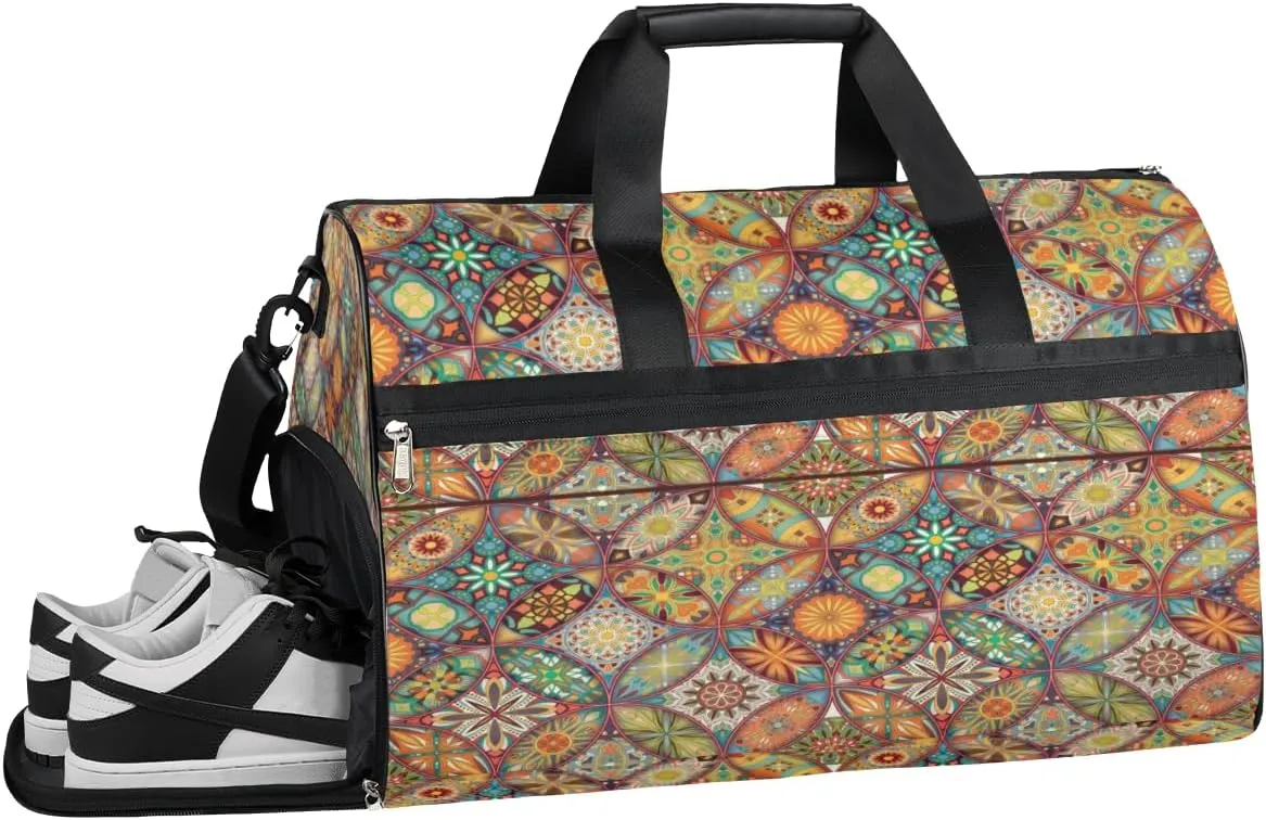 Mandala Boho Art Sports Gym Bag for Women and Men Travel Duffel Bag Overnight Shoulder Bag Waterproof Workout Bag Portable Sports Tote with Shoes Compartment