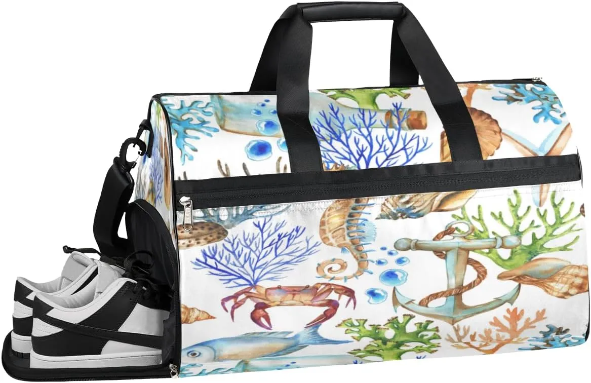 Marine Seahorse Animals Sports Gym Bag with Wet Pocket & Shoes Compartment Waterproof Workout Duffel Bag for Women and Men Weekender Overnight Duffle Bag Travel Carry-on Tote
