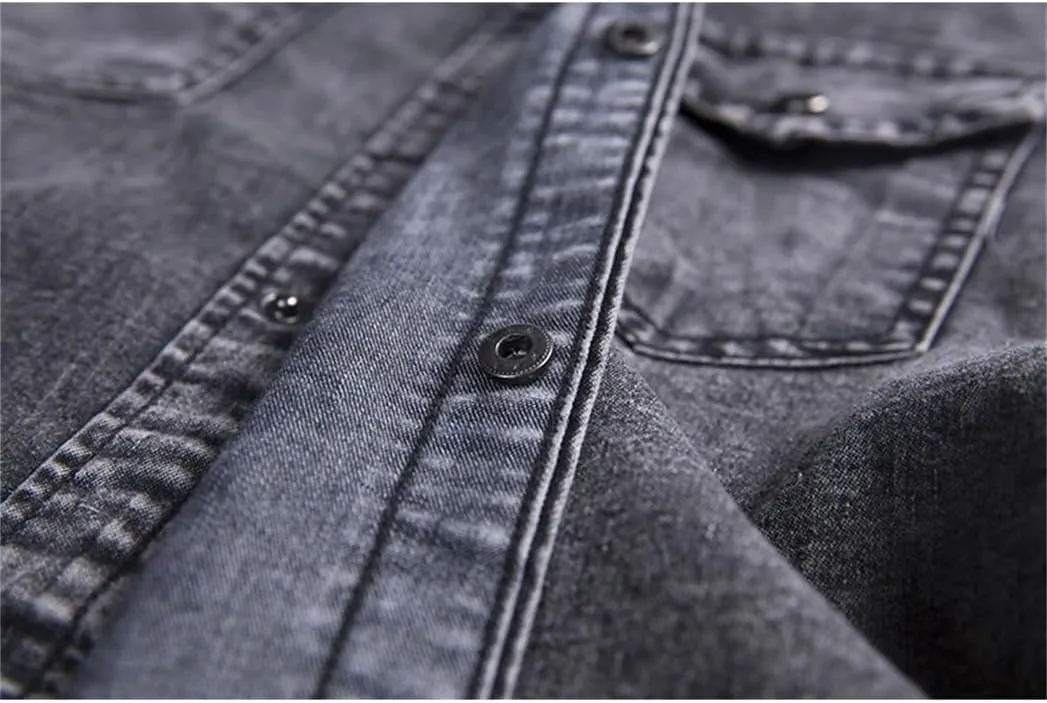 Men's Denim Shirt, Short Sleeves, Double Pockets, Slim Fit, Slightly Elastic Denim Shirt