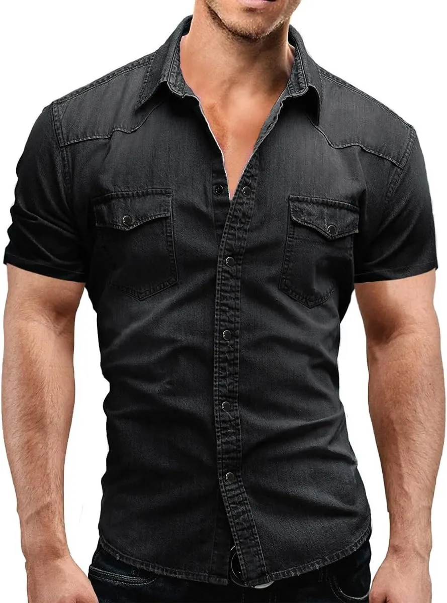 Men's Denim Shirt, Short Sleeves, Double Pockets, Slim Fit, Slightly Elastic Denim Shirt