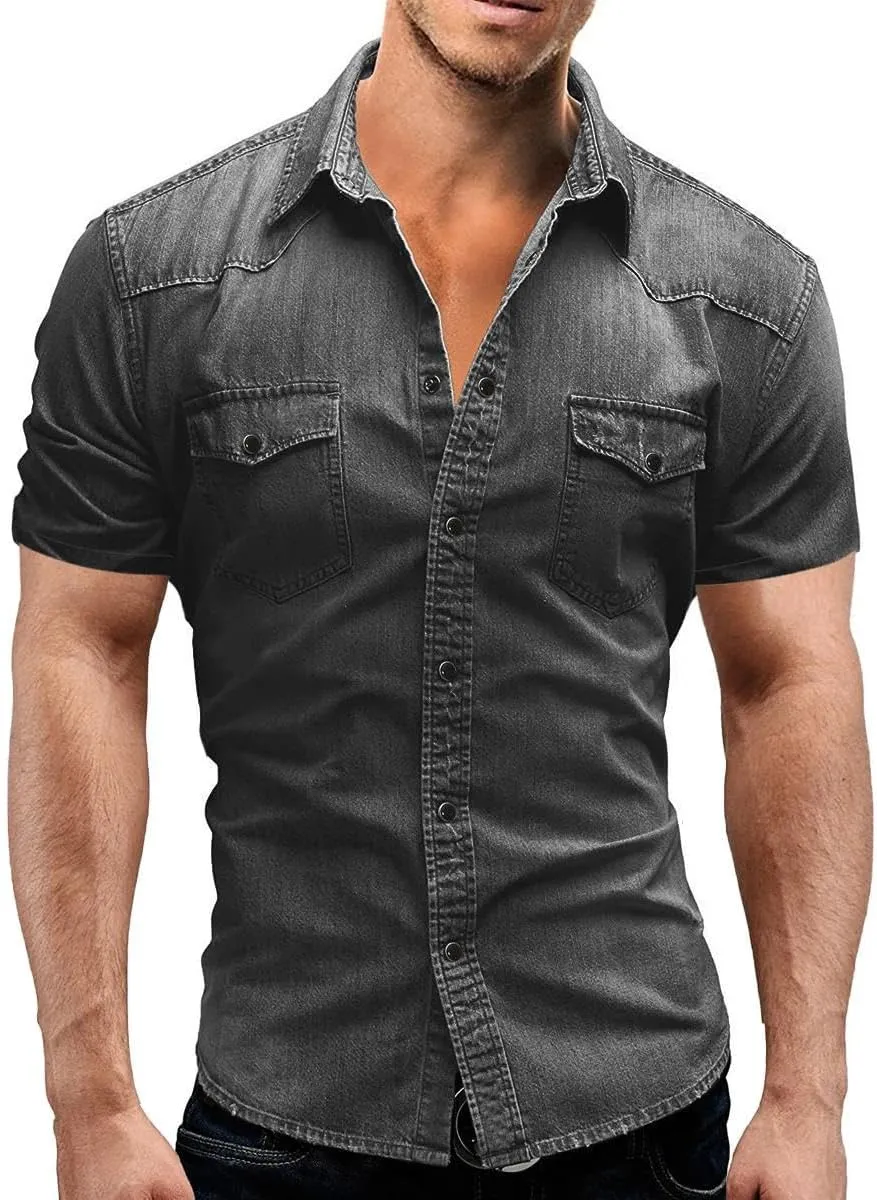 Men's Denim Shirt, Short Sleeves, Double Pockets, Slim Fit, Slightly Elastic Denim Shirt