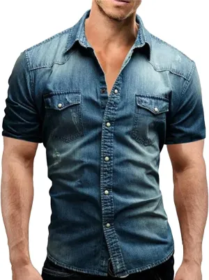 Men's Denim Shirt, Short Sleeves, Double Pockets, Slim Fit, Slightly Elastic Denim Shirt