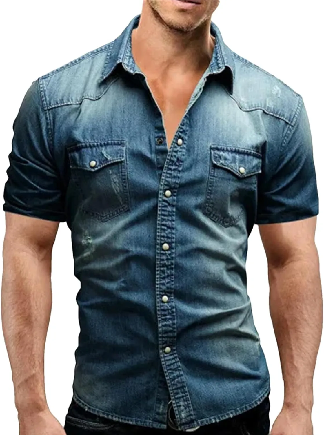 Men's Denim Shirt, Short Sleeves, Double Pockets, Slim Fit, Slightly Elastic Denim Shirt