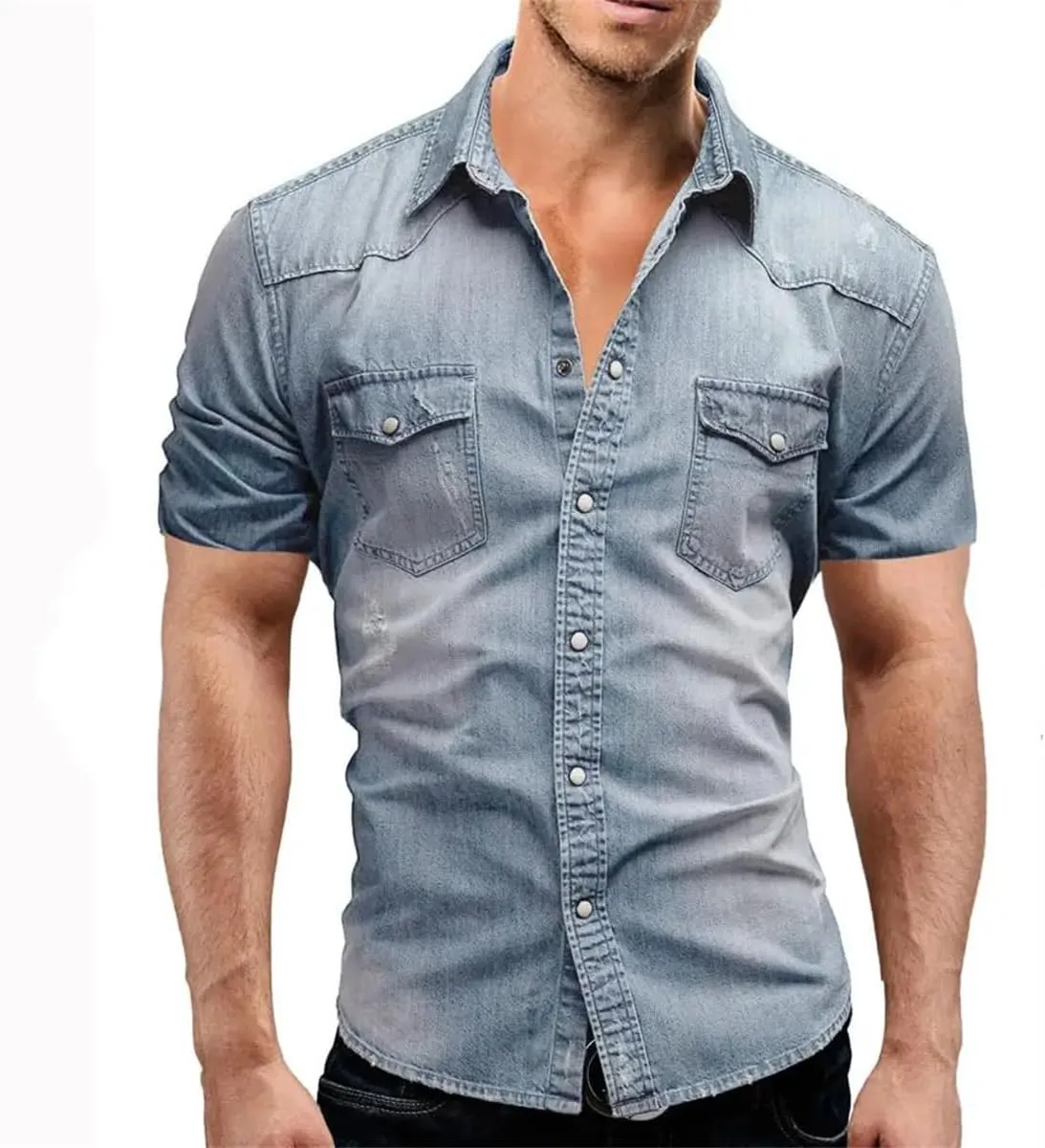 Men's Denim Shirt, Short Sleeves, Double Pockets, Slim Fit, Slightly Elastic Denim Shirt