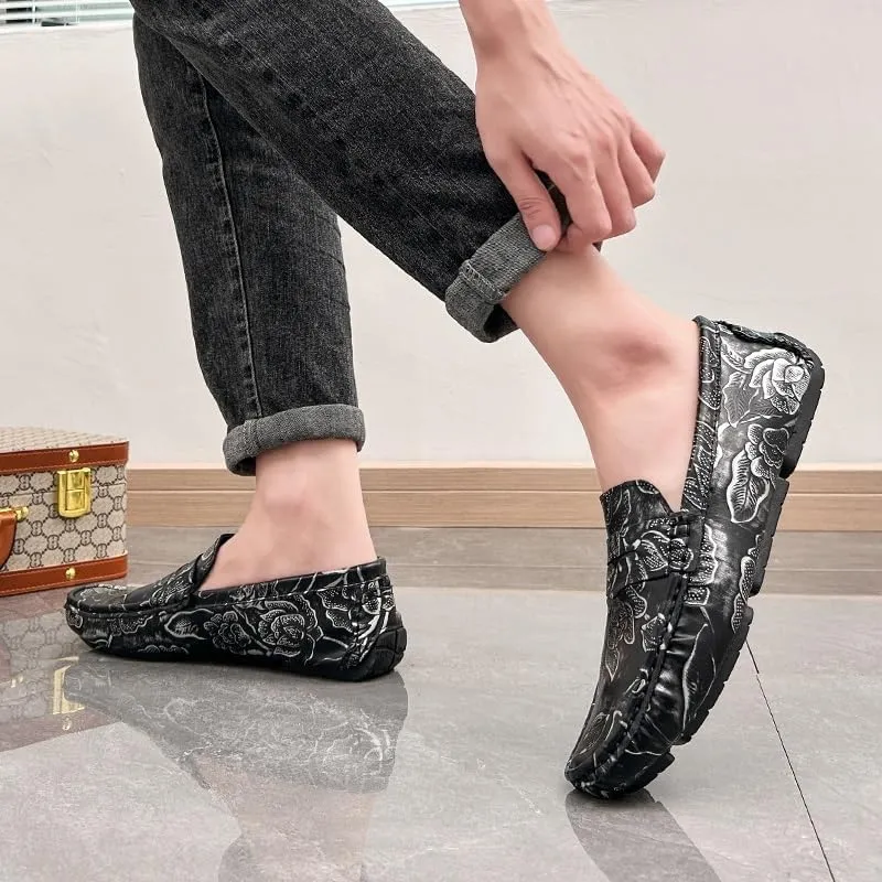 Men's Loafers Square Toe Floral Print Nubuck Leather Penny Driving Loafers Flat Heel Comfortable Slip Resistant Casual Prom Slip-ons