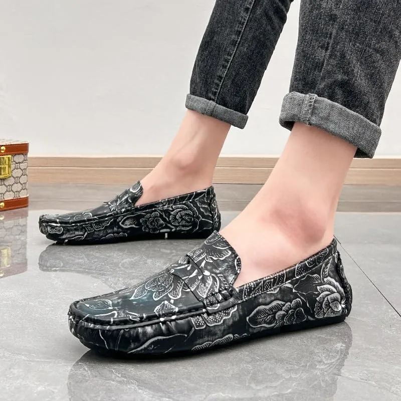 Men's Loafers Square Toe Floral Print Nubuck Leather Penny Driving Loafers Flat Heel Comfortable Slip Resistant Casual Prom Slip-ons