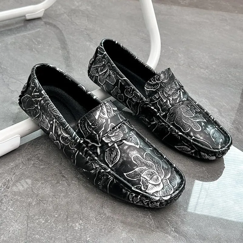 Men's Loafers Square Toe Floral Print Nubuck Leather Penny Driving Loafers Flat Heel Comfortable Slip Resistant Casual Prom Slip-ons