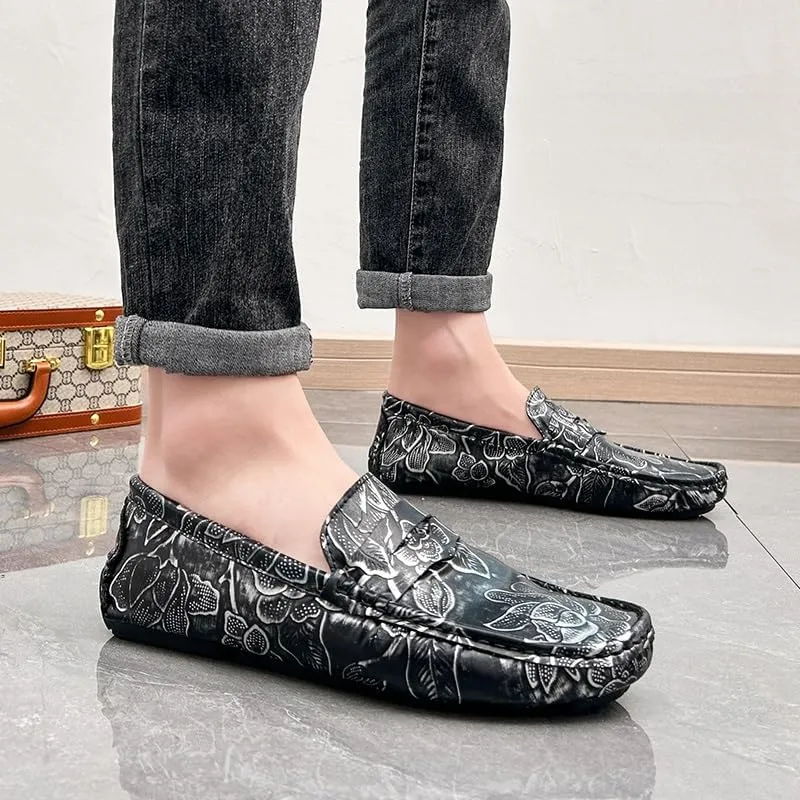Men's Loafers Square Toe Floral Print Nubuck Leather Penny Driving Loafers Flat Heel Comfortable Slip Resistant Casual Prom Slip-ons