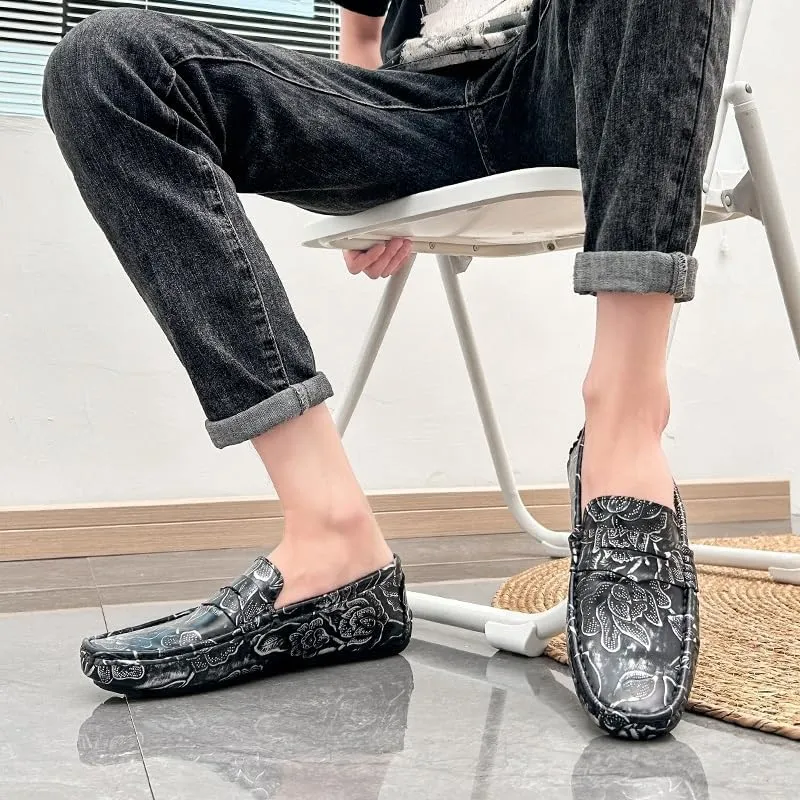 Men's Loafers Square Toe Floral Print Nubuck Leather Penny Driving Loafers Flat Heel Comfortable Slip Resistant Casual Prom Slip-ons