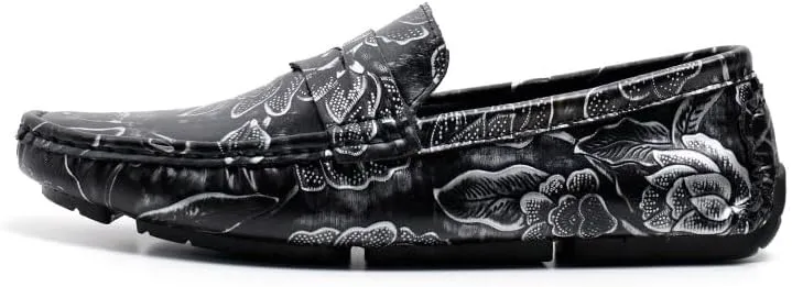 Men's Loafers Square Toe Floral Print Nubuck Leather Penny Driving Loafers Flat Heel Comfortable Slip Resistant Casual Prom Slip-ons