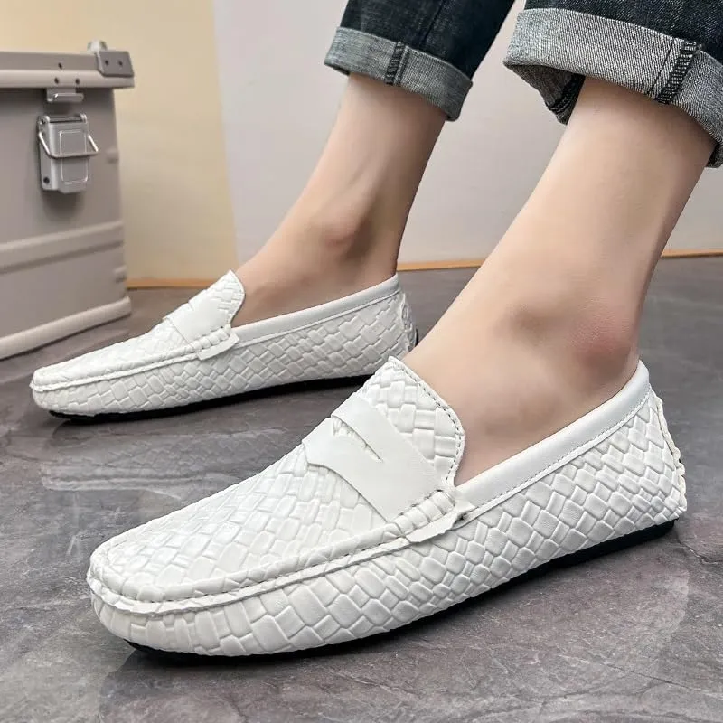 Mens Loafers Square Toe Vegan Leather Stone Pattern Penny Loafers Slip Resistant Lightweight Flexible Wedding Prom Slip-ons