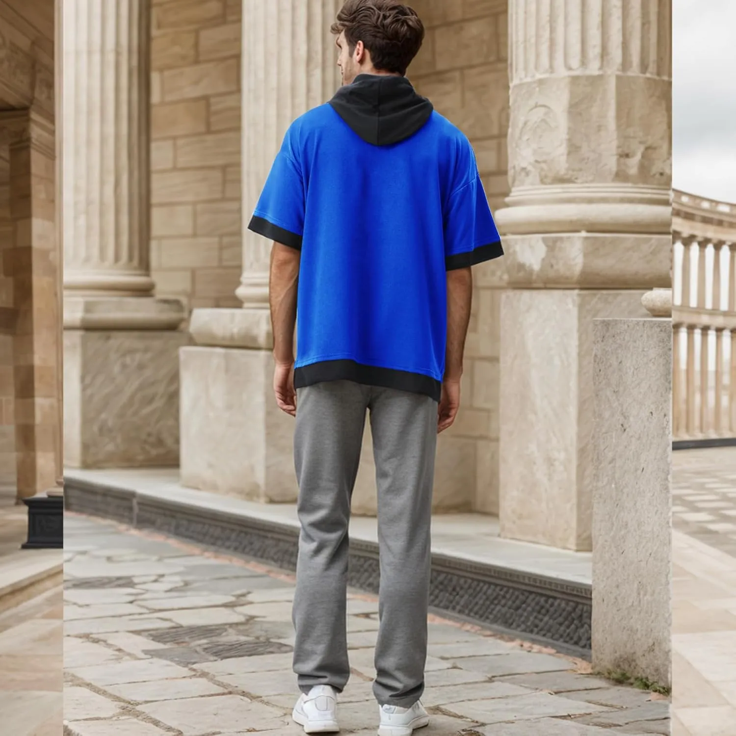 Mens Short Sleeve Hoodie Soft Cotton Color Block Moisture Wicking Big Pocket Streetwear Sweatshirt T-Shirt