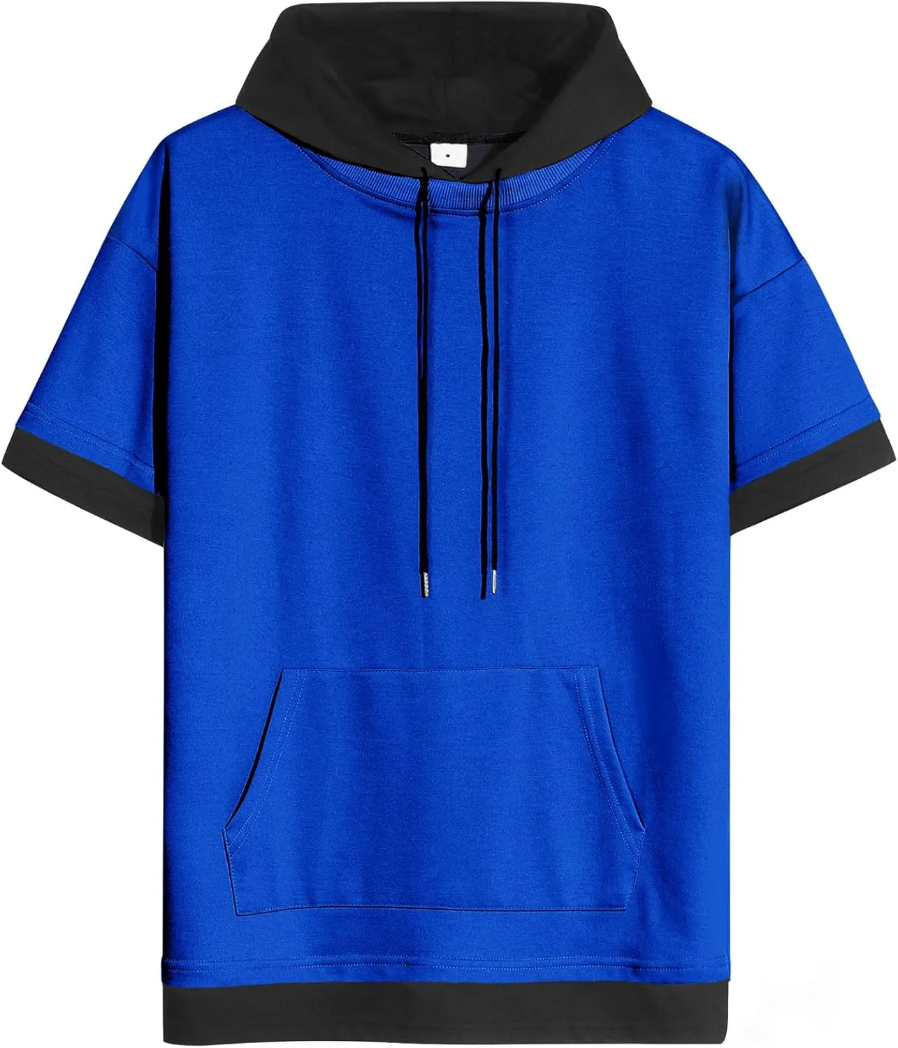 Mens Short Sleeve Hoodie Soft Cotton Color Block Moisture Wicking Big Pocket Streetwear Sweatshirt T-Shirt