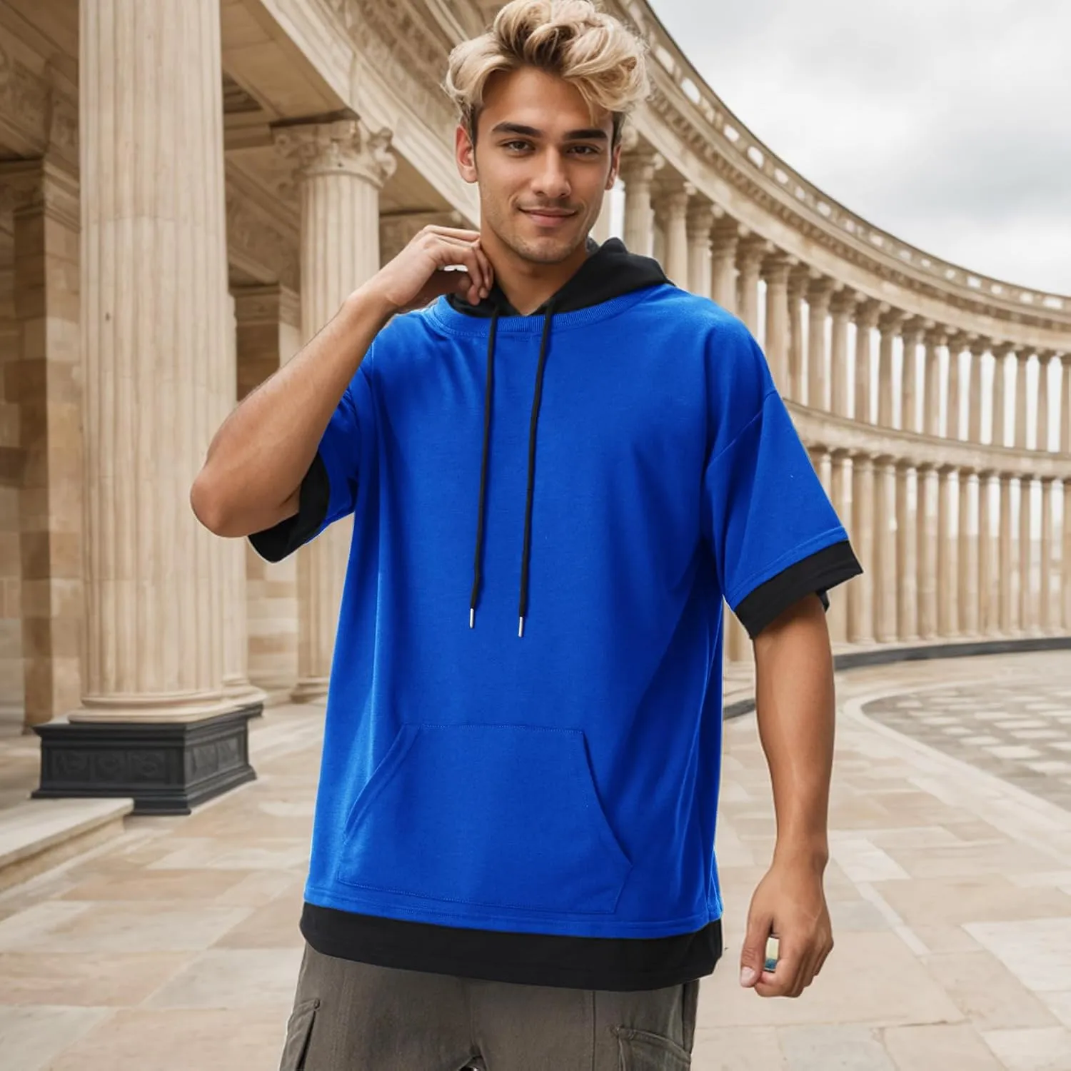 Mens Short Sleeve Hoodie Soft Cotton Color Block Moisture Wicking Big Pocket Streetwear Sweatshirt T-Shirt