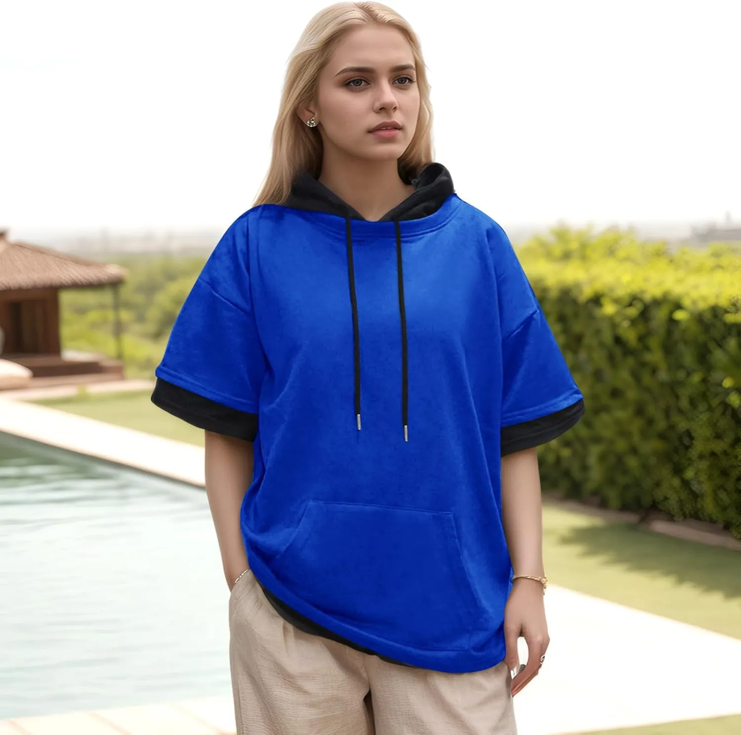 Mens Short Sleeve Hoodie Soft Cotton Color Block Moisture Wicking Big Pocket Streetwear Sweatshirt T-Shirt