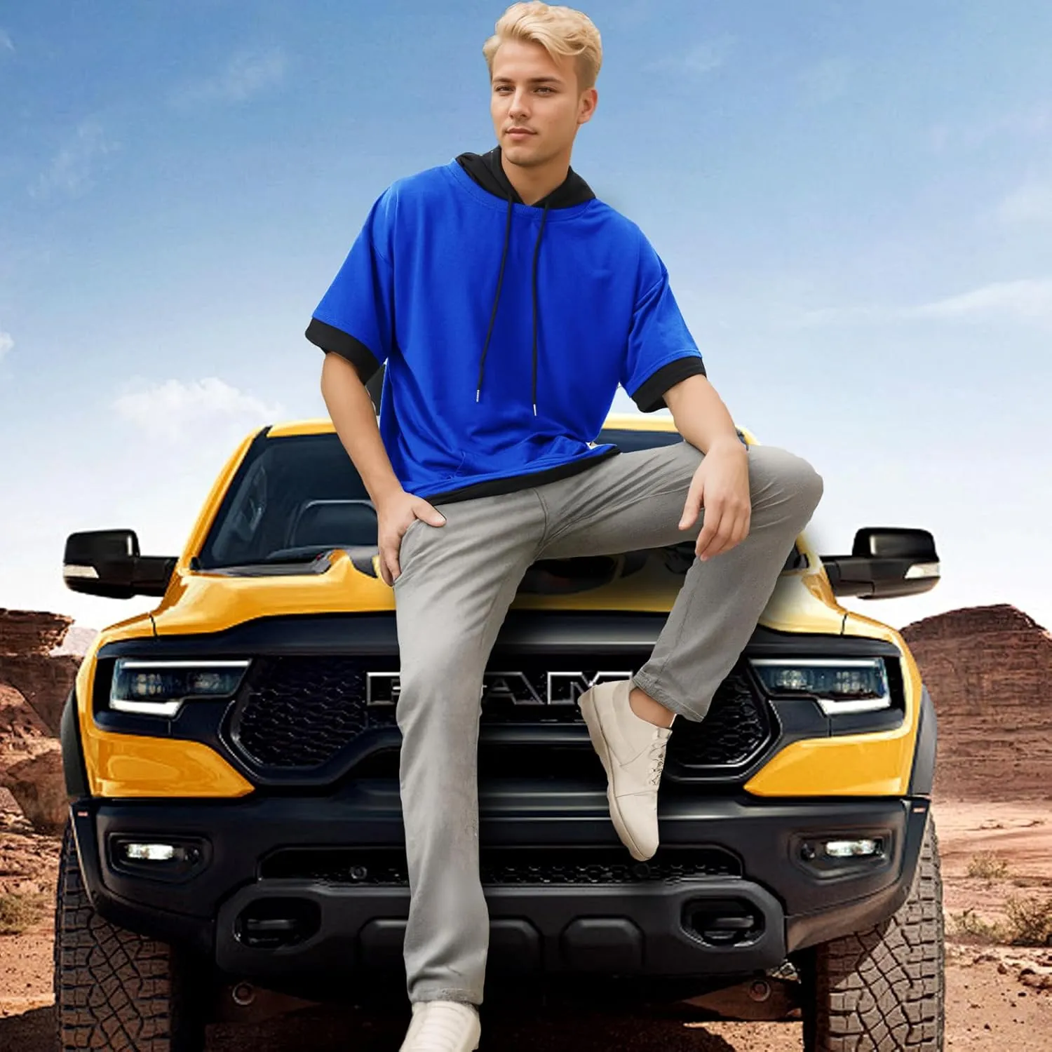 Mens Short Sleeve Hoodie Soft Cotton Color Block Moisture Wicking Big Pocket Streetwear Sweatshirt T-Shirt