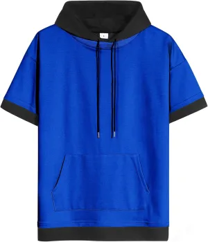 Mens Short Sleeve Hoodie Soft Cotton Color Block Moisture Wicking Big Pocket Streetwear Sweatshirt T-Shirt