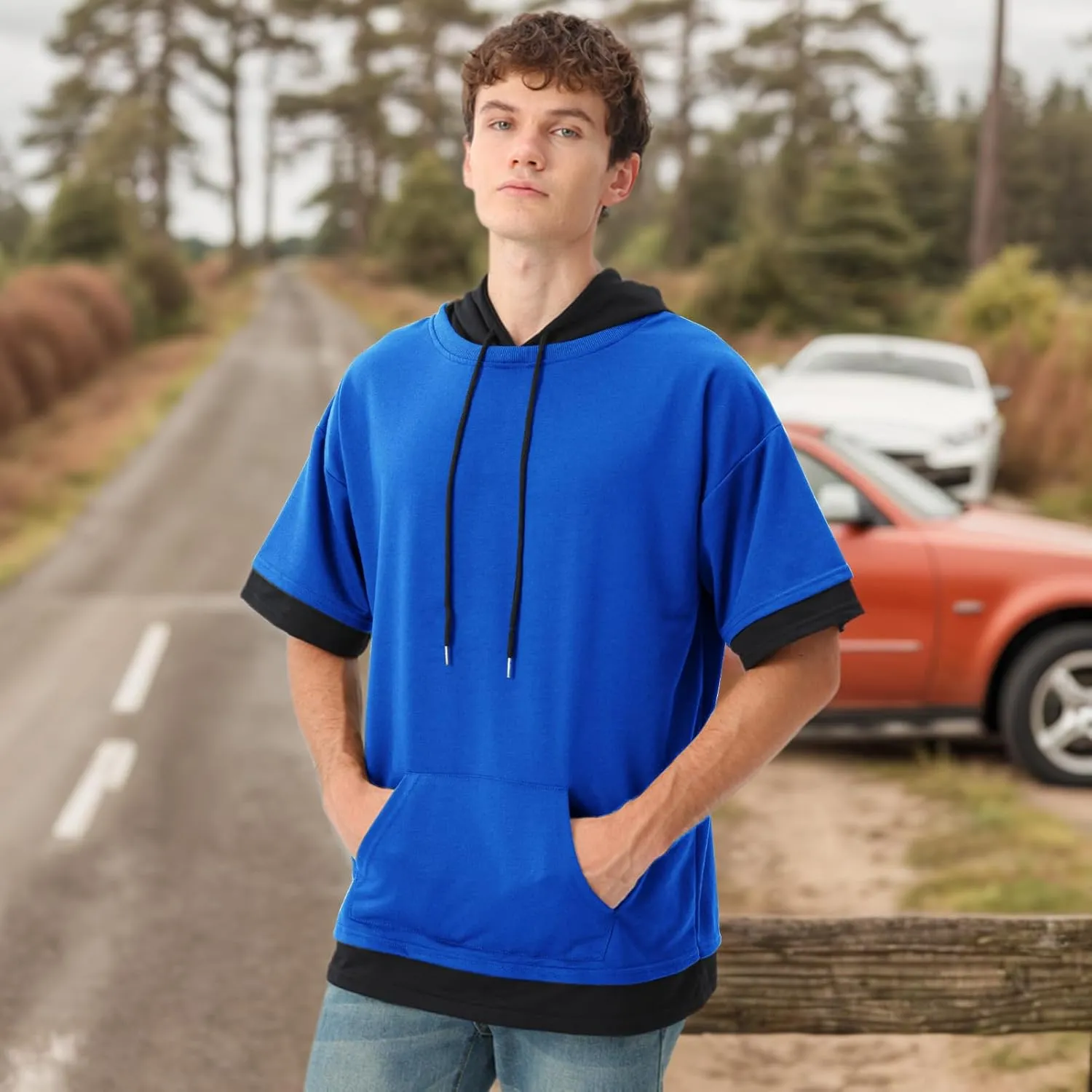 Mens Short Sleeve Hoodie Soft Cotton Color Block Moisture Wicking Big Pocket Streetwear Sweatshirt T-Shirt
