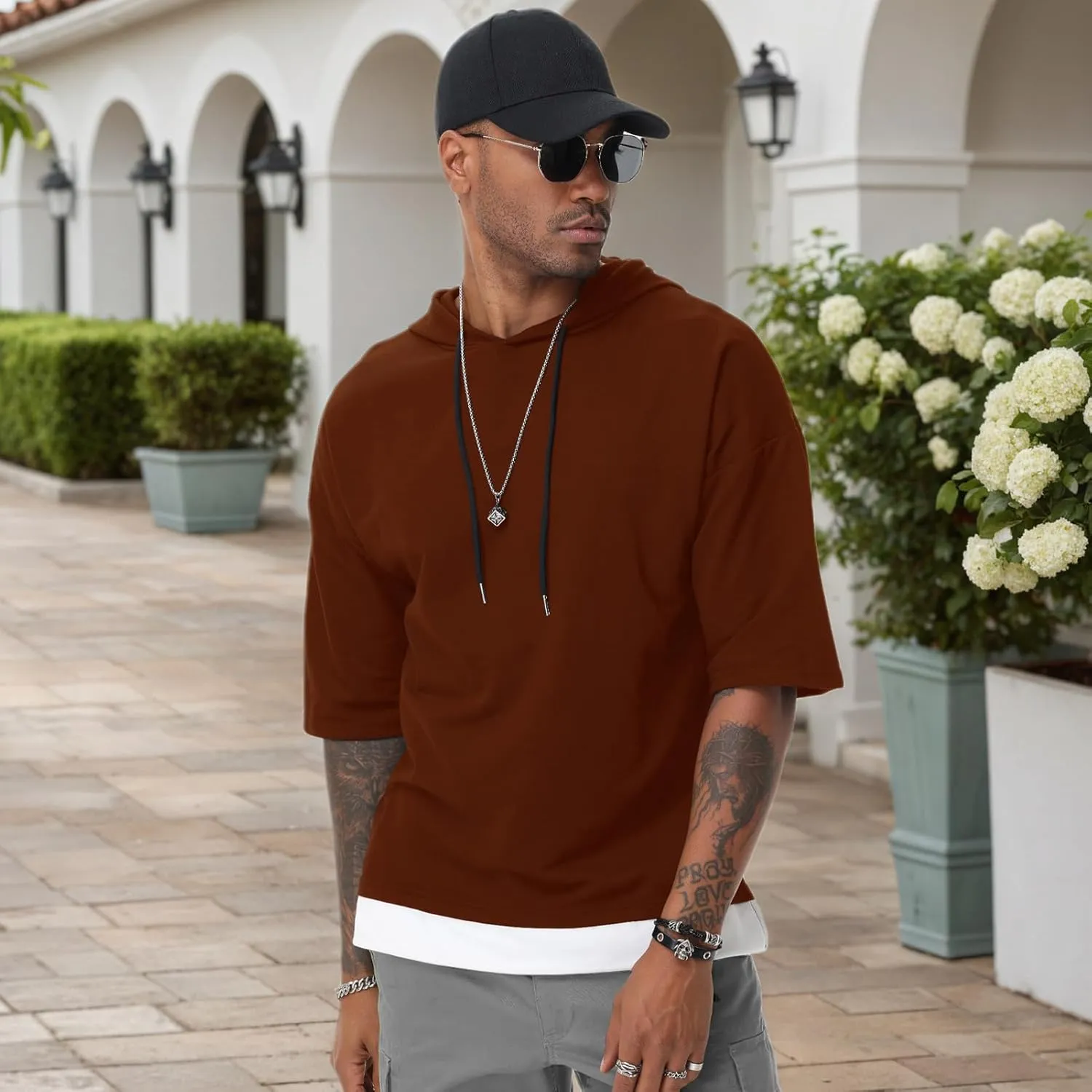 Mens Short Sleeve Hoodie Soft Cotton Color Block Moisture Wicking Patchwork Unisex Hip Hop T-Shirt Hoodie