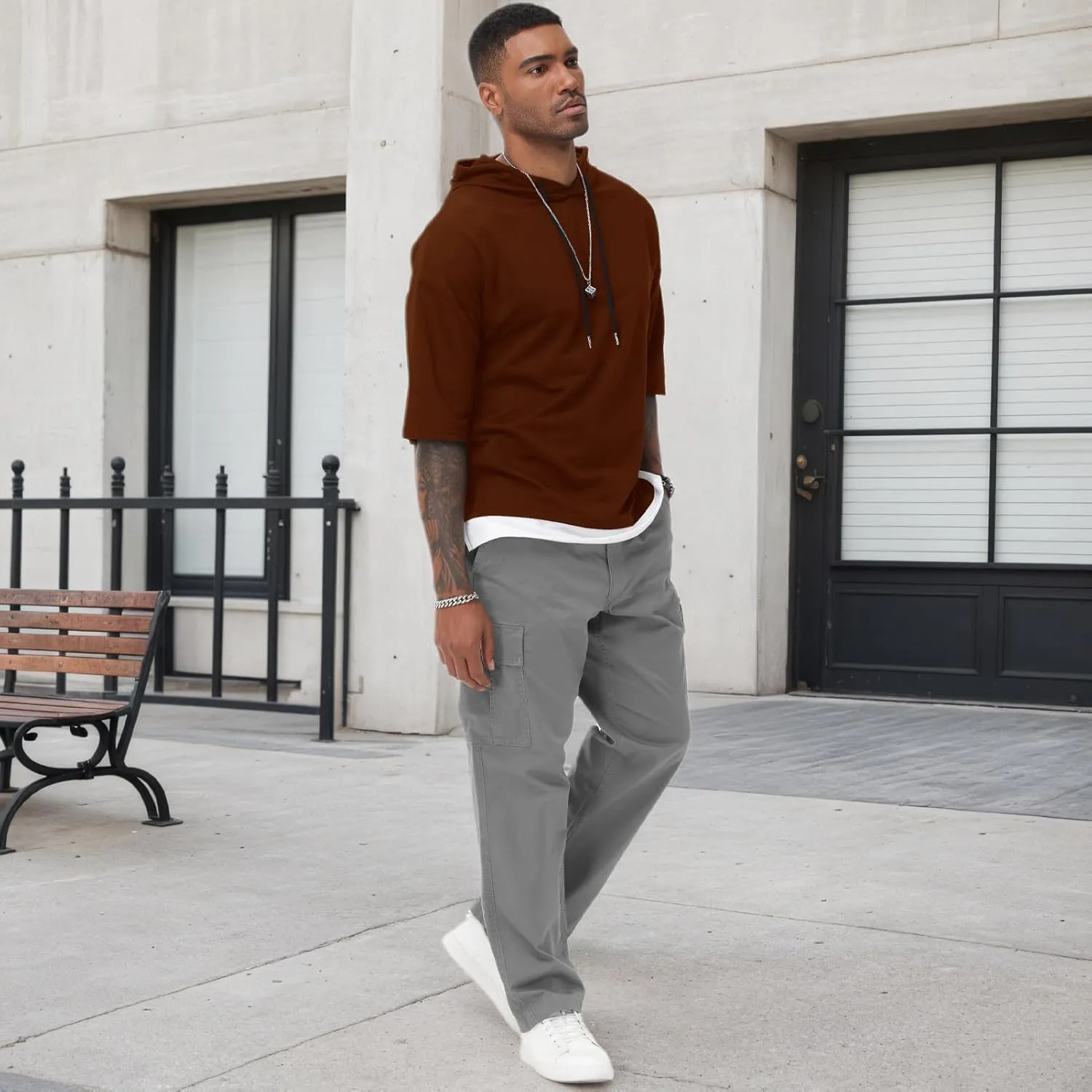 Mens Short Sleeve Hoodie Soft Cotton Color Block Moisture Wicking Patchwork Unisex Hip Hop T-Shirt Hoodie