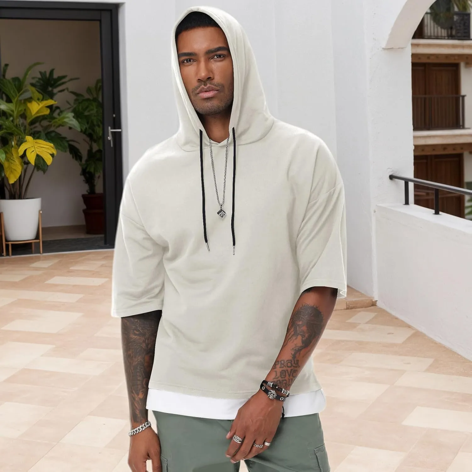Mens Short Sleeve Hoodie Soft Cotton Color Block Moisture Wicking Patchwork Unisex Hip Hop T-Shirt Hoodie