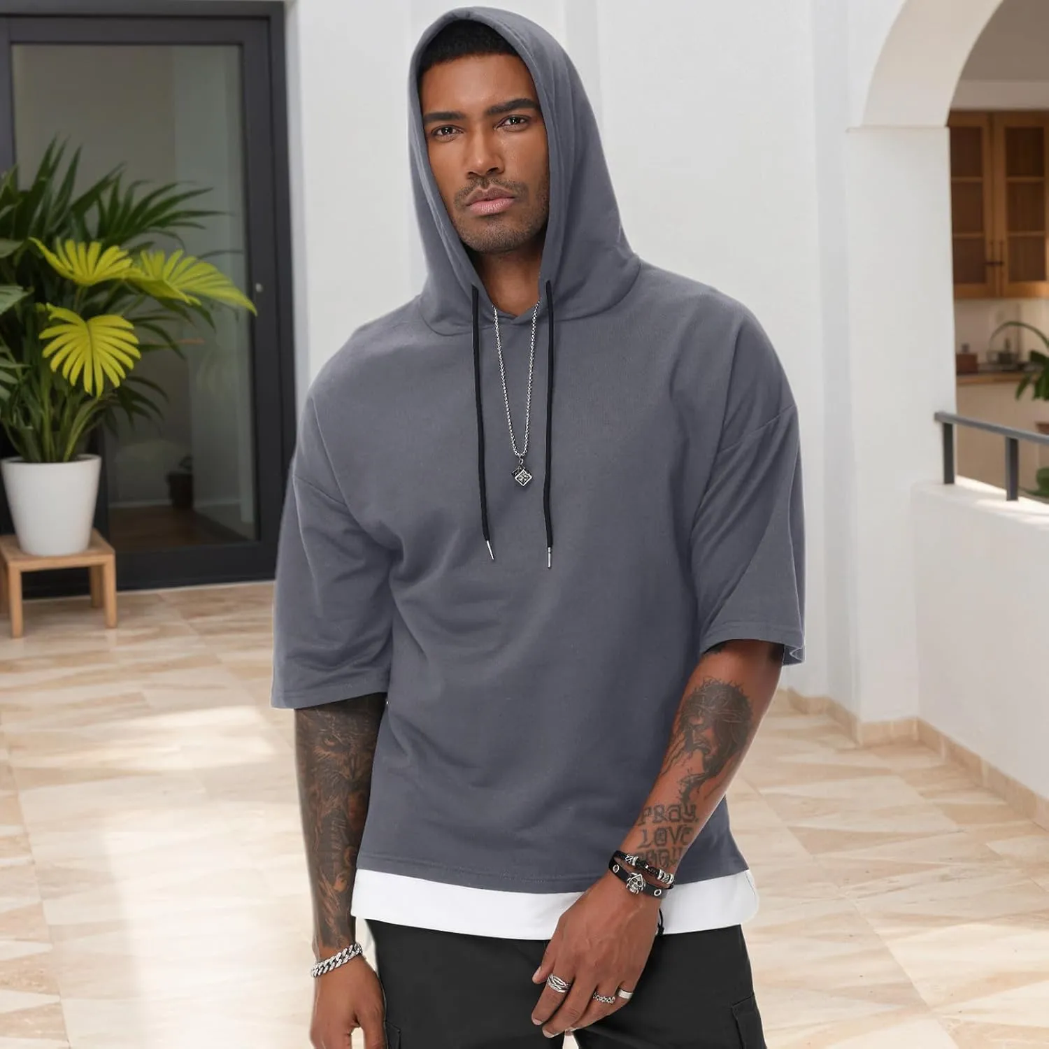Mens Short Sleeve Hoodie Soft Cotton Color Block Moisture Wicking Patchwork Unisex Hip Hop T-Shirt Hoodie